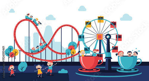Happy children enjoying fun rides like a roller coaster ferris wheel and spinning teacups at a colorful amusement park.