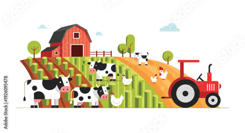 Charming flat design illustration of a farm scene with a red barn tractor cows and chickens in a green field.