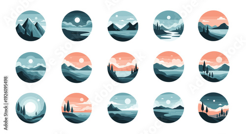 Collection of fifteen circular icons showing serene minimalist landscape scenes with mountains lakes and trees in muted color palettes.
