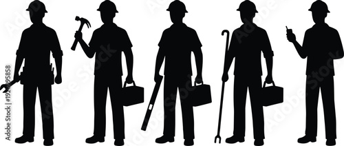 Construction worker silhouettes holding tools and equipment isolated on white background vector illustration set