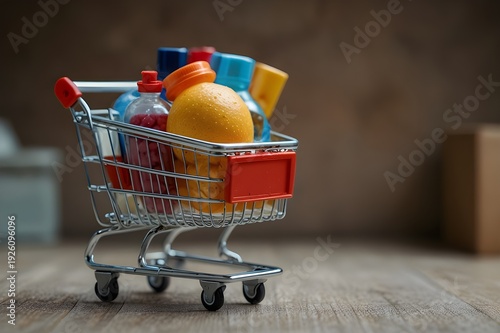 Online shopping concept, shopping cart with products, eye-level shot, clean background

