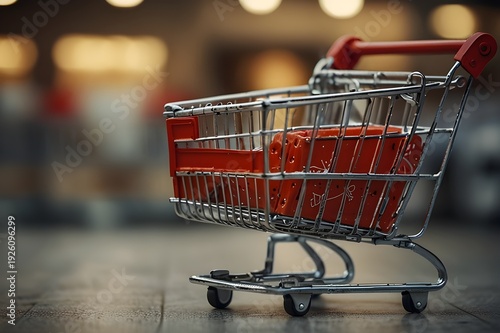E-commerce concept, close-up shopping trolley detail, defocused background
