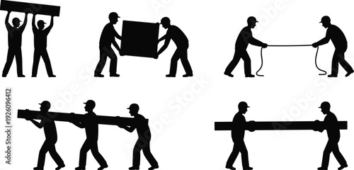 Construction workers carrying heavy materials silhouette set, team lifting beams and boxes isolated on white background vector