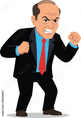Angry businessman cartoon illustration, expressive character emotion conflict workplace attire corporate design vector artwork, lifestyle and office theme, isolated background