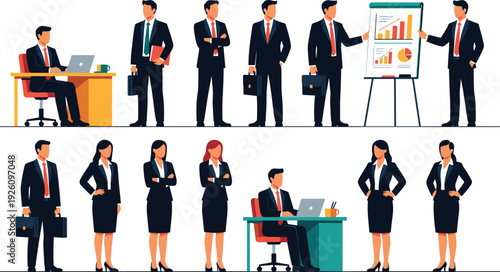 Business professionals illustration, workplace diversity office activities corporate attire teamwork presentation laptop character design vector artwork, lifestyle and office theme
