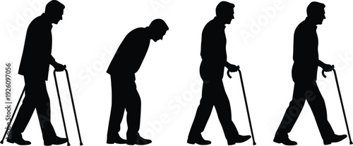 Elderly man walking with cane silhouette set isolated on white background senior mobility vector illustration