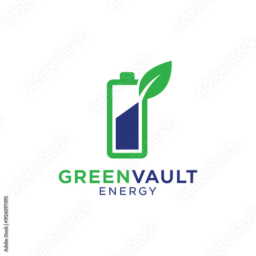 Modern battery icon integrated with an organic leaf logo for a sustainable power storage startup called GreenVault Energy