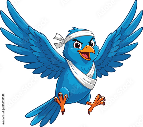 Martial arts bird cartoon illustration, expressive animal character dynamic pose strength courage wildlife design vector artwork, educational and entertainment theme, isolated background