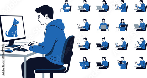 Remote work illustration, digital communication technology lifestyle professionals laptops tablets smartphones online learning collaboration vector artwork, modern workplace theme, isolated background