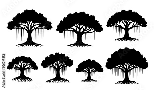 Schilderij op canvas Black Banyan Tree Multi-Angle Vector Package Collection Flat Illustration Isolat
