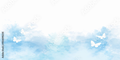 A beautiful abstract blue background featuring fluffy white clouds and snow flakes under a bright summer sky creates a clear heaven view in the high atmosphere