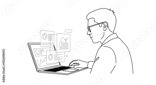 Man Working on Laptop Computer Graph.