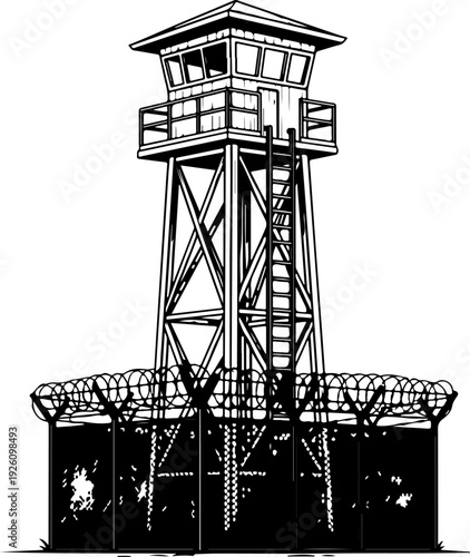 Black and White Guard Tower Vector Illustration silhouette