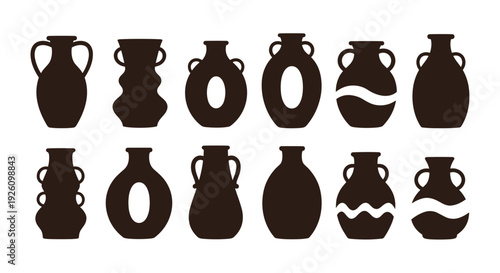 Collection of diverse ancient amphorae and vases in silhouette featuring various shapes and decorative wavy patterns