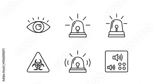 Collection of warning and alert icons including an eye for surveillance flashing sirens biohazard symbol and sound