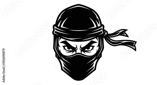 Fierce black ninja masked face with intense eyes determined expression and flowing headband isolated on white