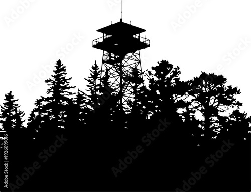 Fire Lookout Tower Silhouette in Forest Scenery Illustration