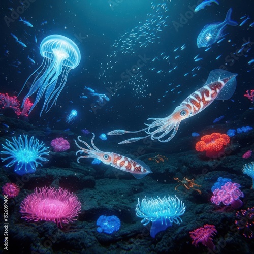 Vibrant Underwater Ecosystem with Bioluminescent Jellyfish and Squid.