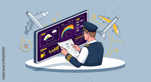 Pilot analyzing flight data on large computer screen with aircraft graphics