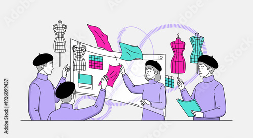 Fashion designers collaborating on creative project with dress forms and fabric