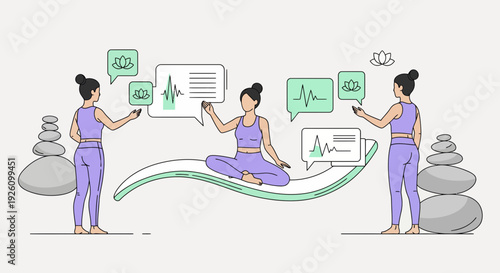 Women practicing yoga with meditation symbols and graphs