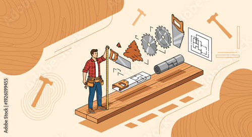 Carpenter preparing woodworking project with tools and materials