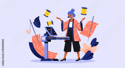 Stylish woman working on laptop with sewing threads floating around her