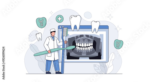 Dentist holding giant toothbrush near dental X-ray of healthy teeth