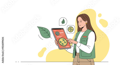 Woman using mobile app for sustainable living with eco-friendly interface