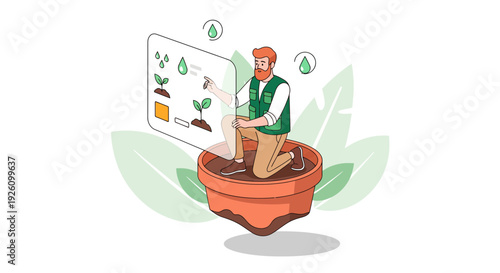 Man nurturing plants on digital screen with green thumb