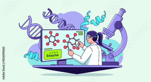 Scientist analyzing molecular structures on computer screen in laboratory