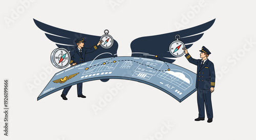 Two pilots navigating with compasses and flight plan in modern aviation