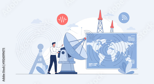 Man operating satellite dish for global communication and data transmission