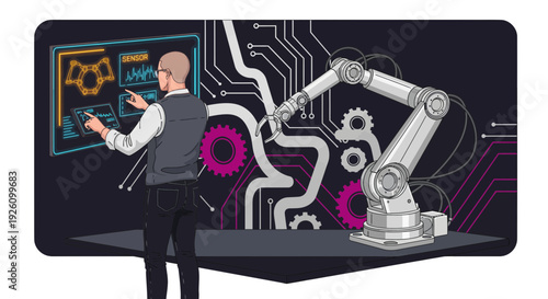 Technologist interacting with robotic arm and sensor interface in modern industrial setting