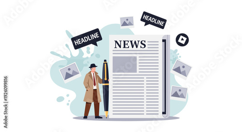 Investigative journalist standing next to large newspaper with pen