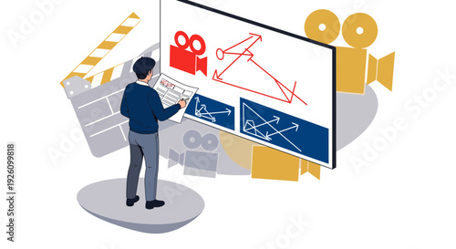 Businessman presenting video production plan on large screen