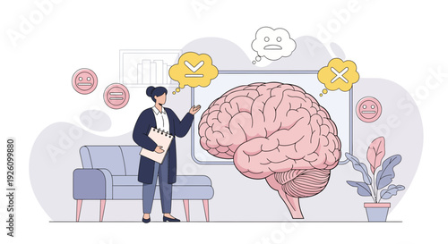 Businesswoman analyzing brain function with positive and negative thoughts