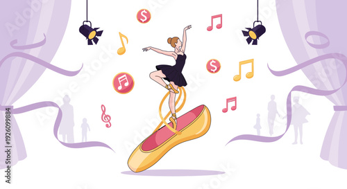 Ballerina balancing on giant shoe with money and music notes