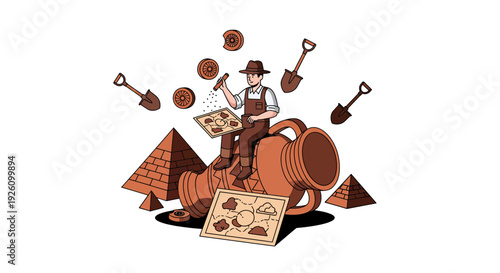 Archaeologist planning excavation with ancient maps and tools