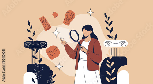 Woman examining ancient artifacts with magnifying glass in stylish outfit