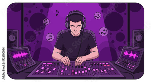 DJ mixing music on professional soundboard in studio