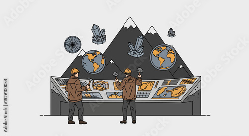 Two engineers working on mining exploration project with global maps and crystals