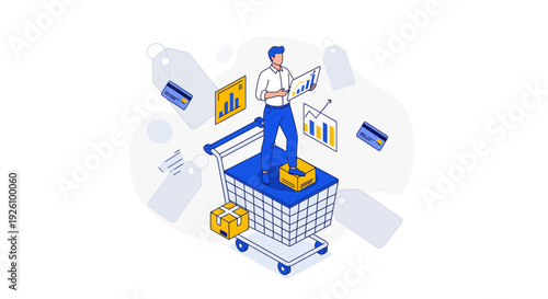 Businessman analyzing shopping cart with boxes and sales data charts
