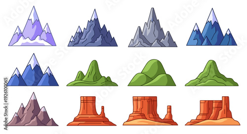 Diverse collection of stylized cartoon mountains and desert rock formations representing varied landscapes for game