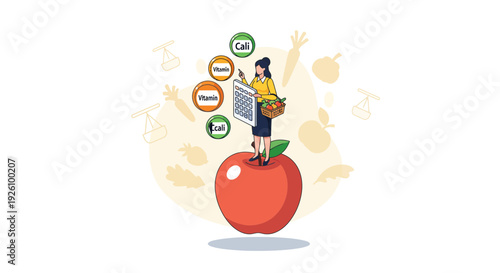 Woman analyzing nutrition facts on tablet while standing on apple