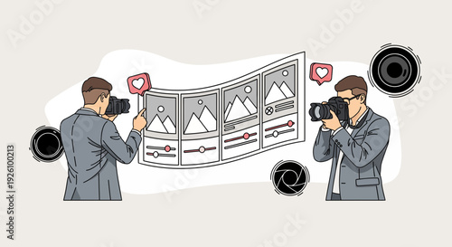 Two professional photographers editing and capturing stunning images