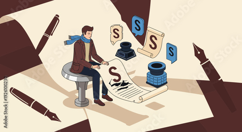 Businessman creating document with signature and social media icons around him