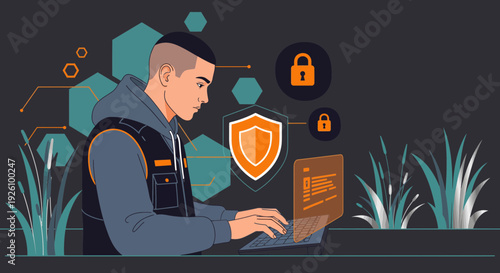 Man working on laptop with cybersecurity elements and protection symbols