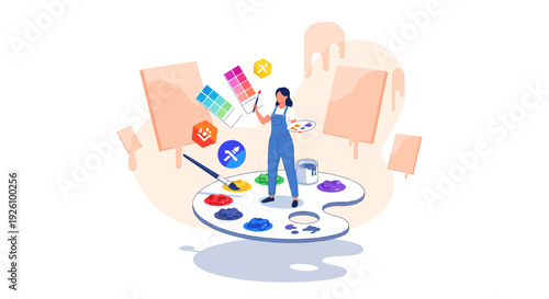 Female artist creating artwork with vibrant colors and creative tools