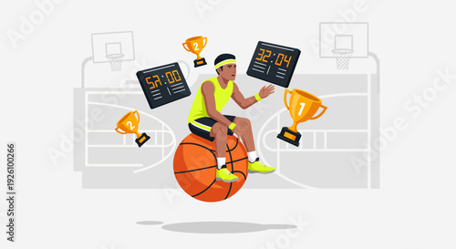 Confident basketball player celebrating victory with trophies and timers
